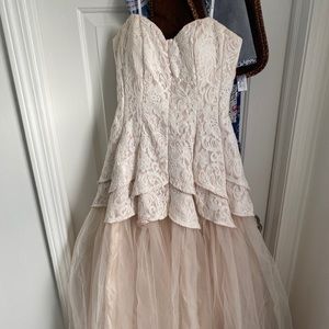 Strapless lace bodice, full long prom gown